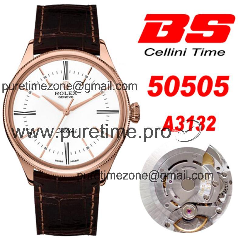 BSF Cellini Time 50505 A3132 Automatic Mens Watch Rose Gold White Dial Leather Strap Best Edition