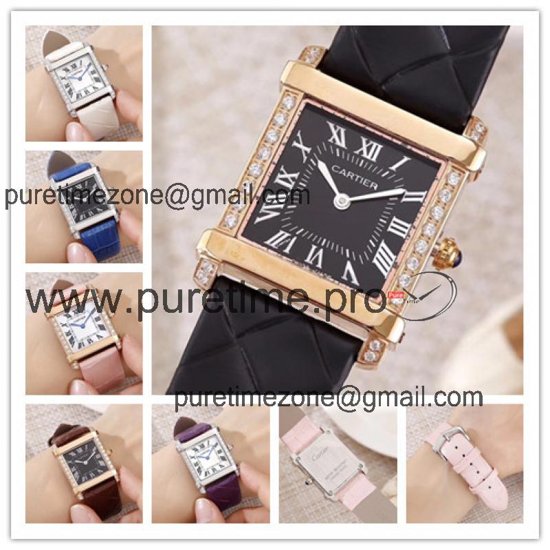 Replica Tank Swiss Quartz Movement Womens Watch Black Dial Leather Strap B E69