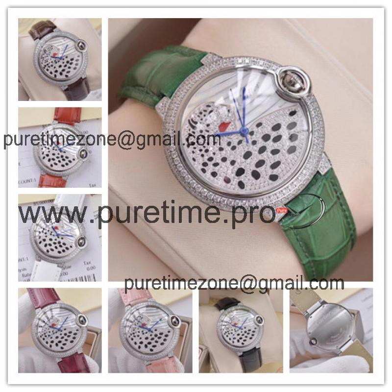 Replica Panthère Swiss Quartz Movement Womens Watch Cheetah With Diamond Dial Leather Strap B E74