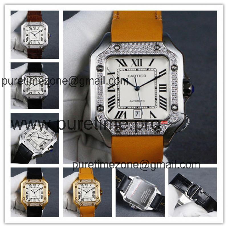 Replica Santos Japan Miyota 8215 Automatic Movement Mens Watch White Dial Leather Strap A E89