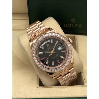 Replica  Day-Date A2813 Automatic Movement Mens Watch Black Dial Oyster Bracelet Rose Gold B E214