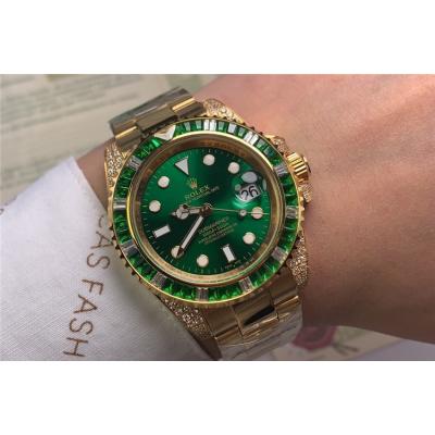 Replica Submariner A21J Automatic Movement Mens Watch Green Dial Oyster Bracelet Yellow Gold E245