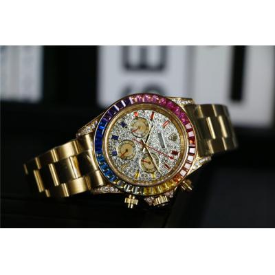 Replica Cosmograph Daytona A21j Automatic  Mens Watch Full Diamonds Dial Oyster Bracelet Yellow Gold E306