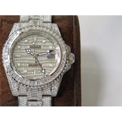 Replica GMT-Master II A2824 Automatic Movement Mens Watch Full Diamonds Dial Oyster Bracelet SS E335