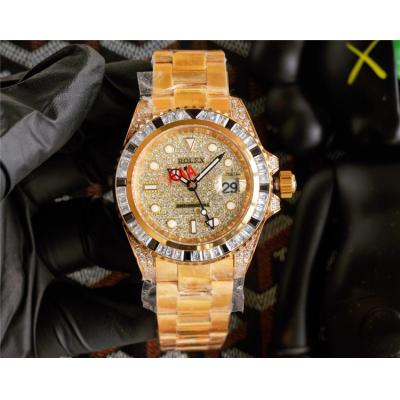 Replica GMT-Master II A21 Automatic Mens Watch Full Diamonds Dial Oyster Bracelet Yellow Gold A E380