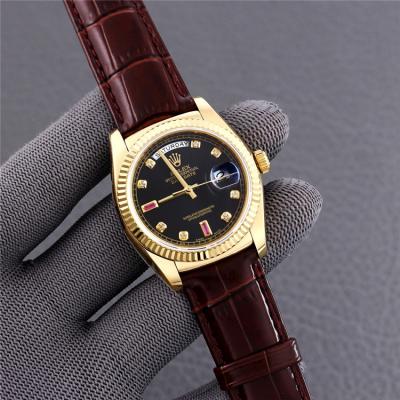 Replica  Day-Date A2836 Automatic Movement Mens Watch Black Dial Leather Strap B E402