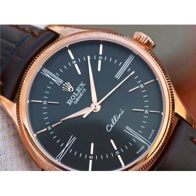 BSF Cellini Time 50505 A3132 Automatic Mens Watch Rose Gold Black Dial Leather Strap Best Edition