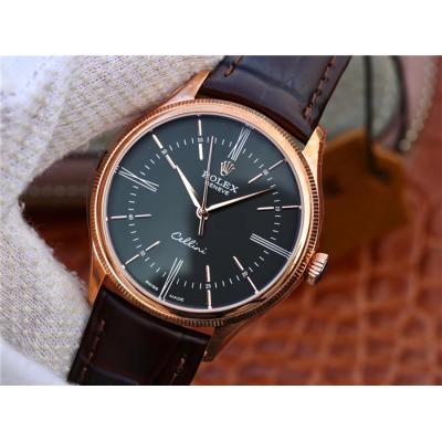 BSF Cellini Time 50505 A3132 Automatic Mens Watch Rose Gold Black Dial Leather Strap Best Edition