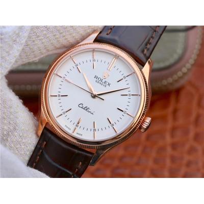 BSF Cellini Time 50505 A3132 Automatic Mens Watch Rose Gold White Dial Leather Strap Best Edition