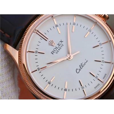 BSF Cellini Time 50505 A3132 Automatic Mens Watch Rose Gold White Dial Leather Strap Best Edition