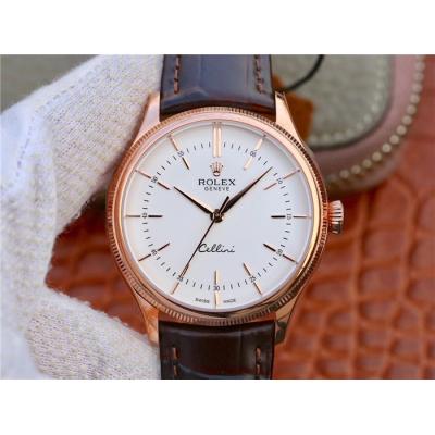 BSF Cellini Time 50505 A3132 Automatic Mens Watch Rose Gold White Dial Leather Strap Best Edition