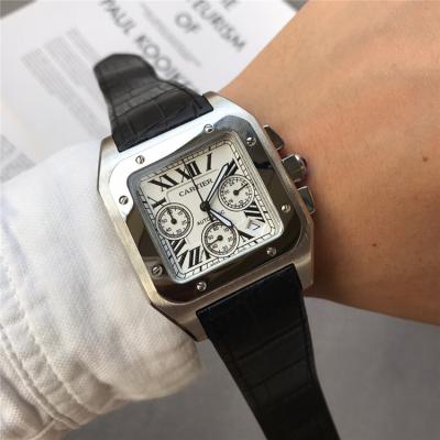 Replica Santos Japan Quartz Chronograph Movement Mens Watch White Dial Leather Strap E44