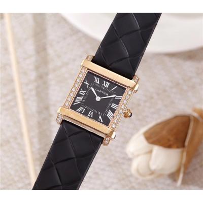 Replica Tank Swiss Quartz Movement Womens Watch Black Dial Leather Strap B E69