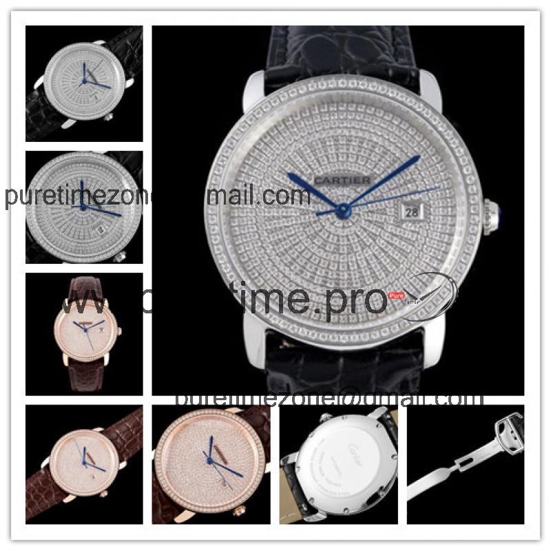 Replica Ronde A21j Automatic Movement Mens Watch Full Diamonds Dial Leather Strap E260