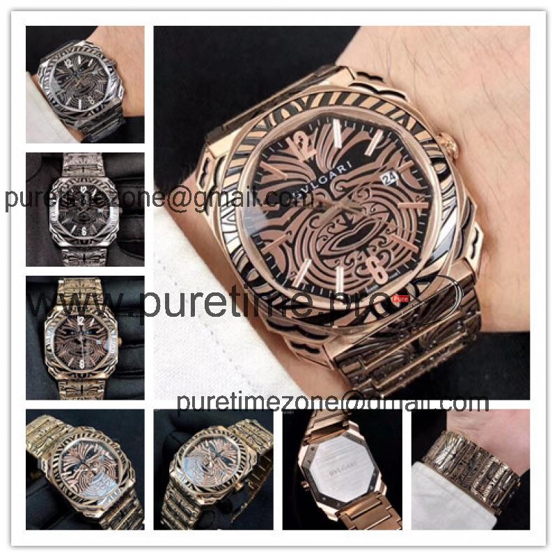 Replica Octo Japan Quartz Movement Mens Watch Graffiti Dial Vintage Engraving Rose Gold Bracelet ​ E07