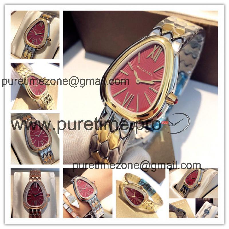 Replica Serpenti Swiss Quartz Movement Womens Watch Red Dial Two Tone Yellow Gold B E24