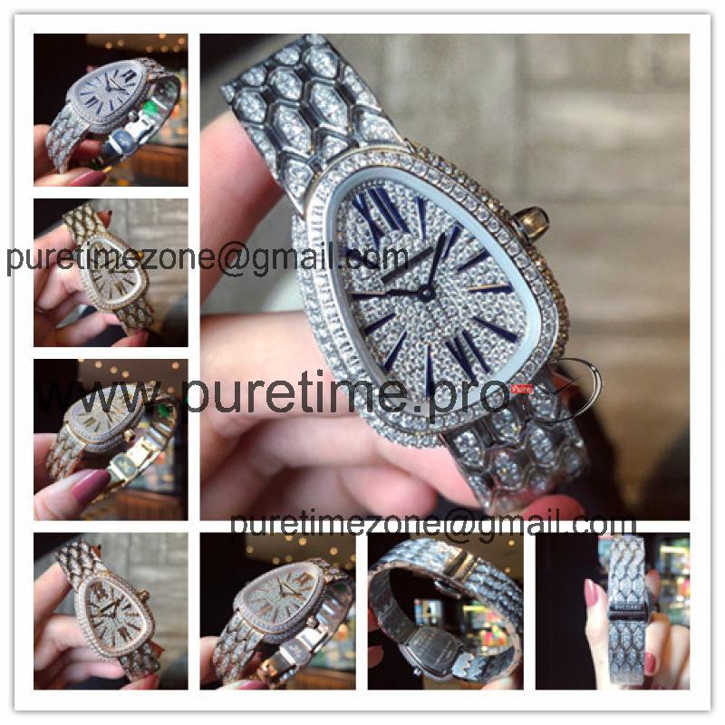 Replica Serpenti Swiss Quartz Movement Womens Watch Full Diamonds Dial Stainless Steel Diamonds E34