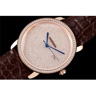 Replica Ronde A21j Automatic Movement Mens Watch Full Diamonds Dial Leather Strap E260