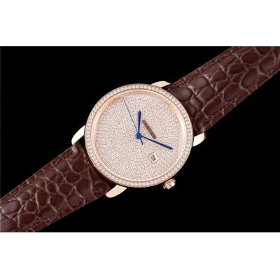 Replica Ronde A21j Automatic Movement Mens Watch Full Diamonds Dial Leather Strap E260