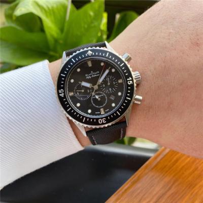 Replica Fifty Fathoms Japan Quartz Chronograph Movement Mens Watch Black Dial Leather Strap E22