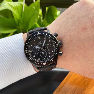 Replica Fifty Fathoms Japan Quartz Chronograph Movement Mens Watch Black Dial Leather Strap E22