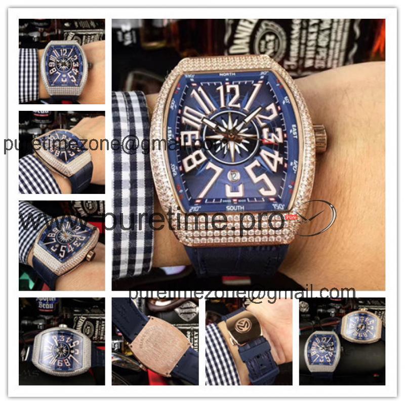 Replica Vanguard  A21j Automatic Movement Mens Watch Blue Dial Diamonds Case Leather Strap E12