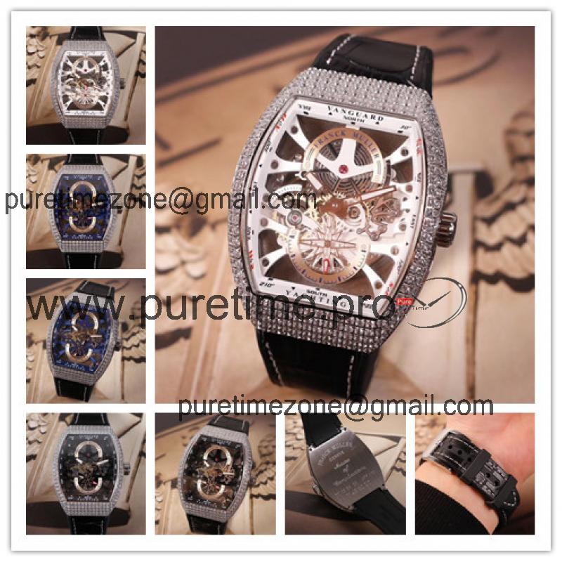 Replica Yachting A21j Automatic Movement Mens Watch Skeleton Dial Diamonds Case Leather Strap E17