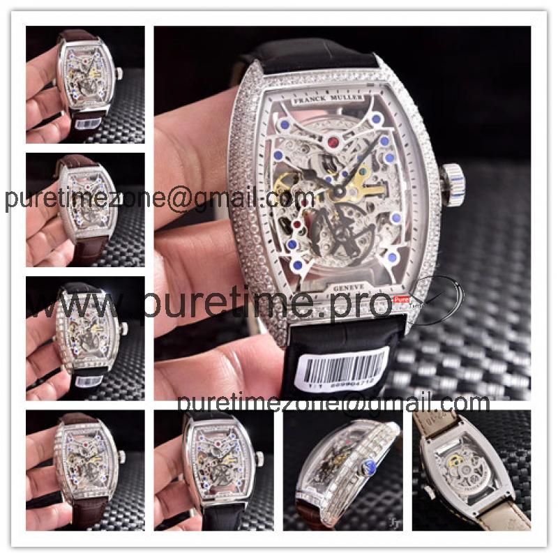 Replica Vanguard A21j Automatic Movement Mens Watch Skeleton Dial Diamonds Case Leather Strap A E22