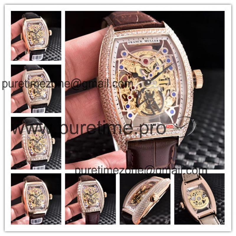 Replica Vanguard A21j Automatic Movement Mens Watch Skeleton Dial Diamonds Case Leather Strap B E22