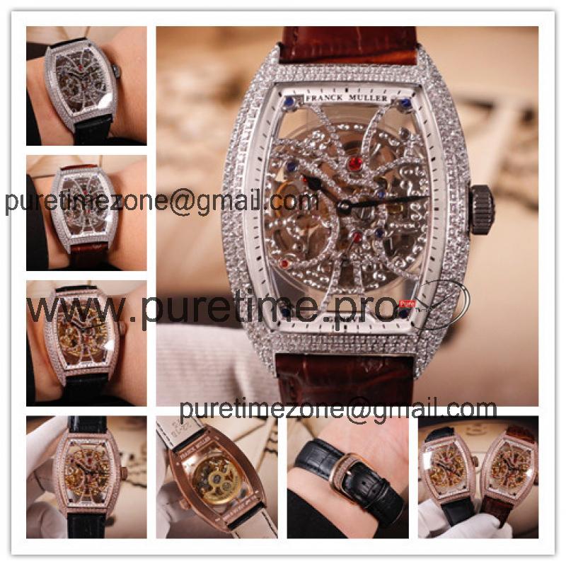 Replica Models A21j Automatic Movement Mens Watch Skeleton Diamonds Dial Diamonds Case Leather Strap E35