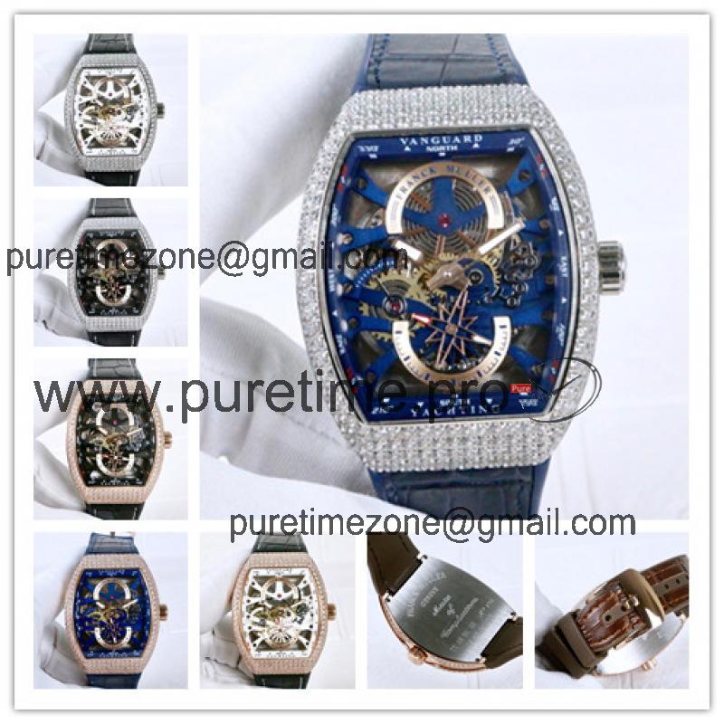 Replica Yachting A21j Automatic Movement Mens Watch Skeleton Dial Diamonds Case Leather Strap E41