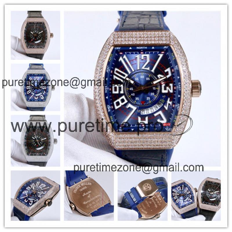 Replica Yachting A21j Automatic Movement Mens Watch Blue Dial Diamonds Case Leather Strap E45