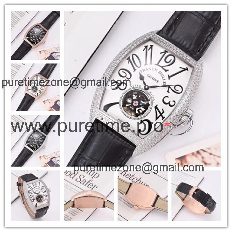 Replica Vanguard A21j Automatic Movement Mens Watch White Tourbillon Dial Diamonds Case Leather Strap E46