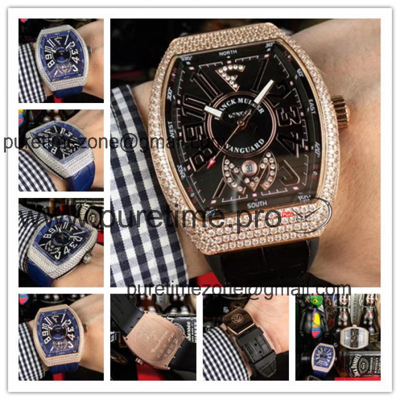 Replica Yachting Japan Miyota 8215 Automatic Movement Mens Watch Blue Dial Diamonds Case Leather Strap E58