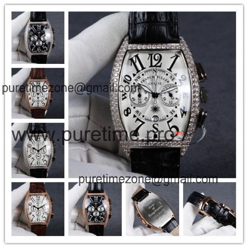 Replica Collection Japan Quartz Chronograph Movement Mens Watch Silver Dial Diamonds Case Leather Strap E59