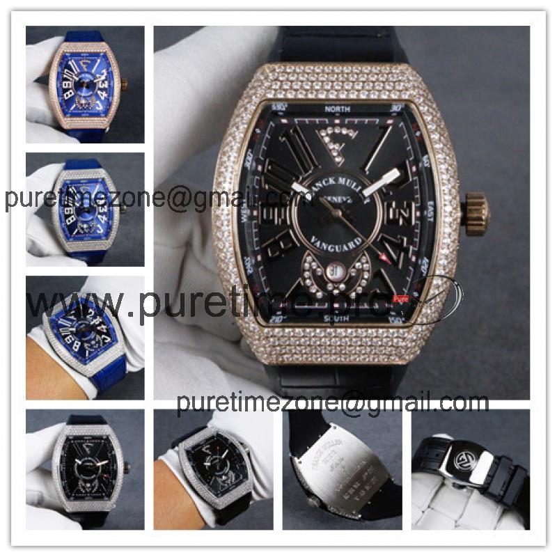 Replica Yachting Japan Miyota 8215 Automatic Movement Mens Watch Black Dial Diamonds Case Leather Strap E60