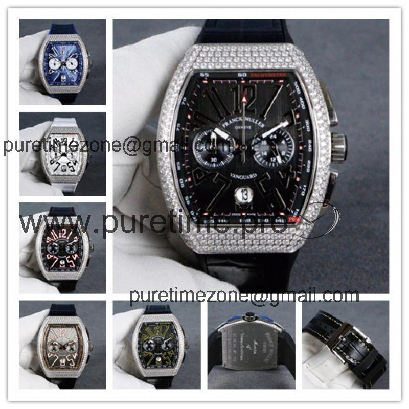 Replica Vanguard Japan VK Quartz Chronograph Movement Mens Watch Black Dial Diamonds Case Leather Strap A E71