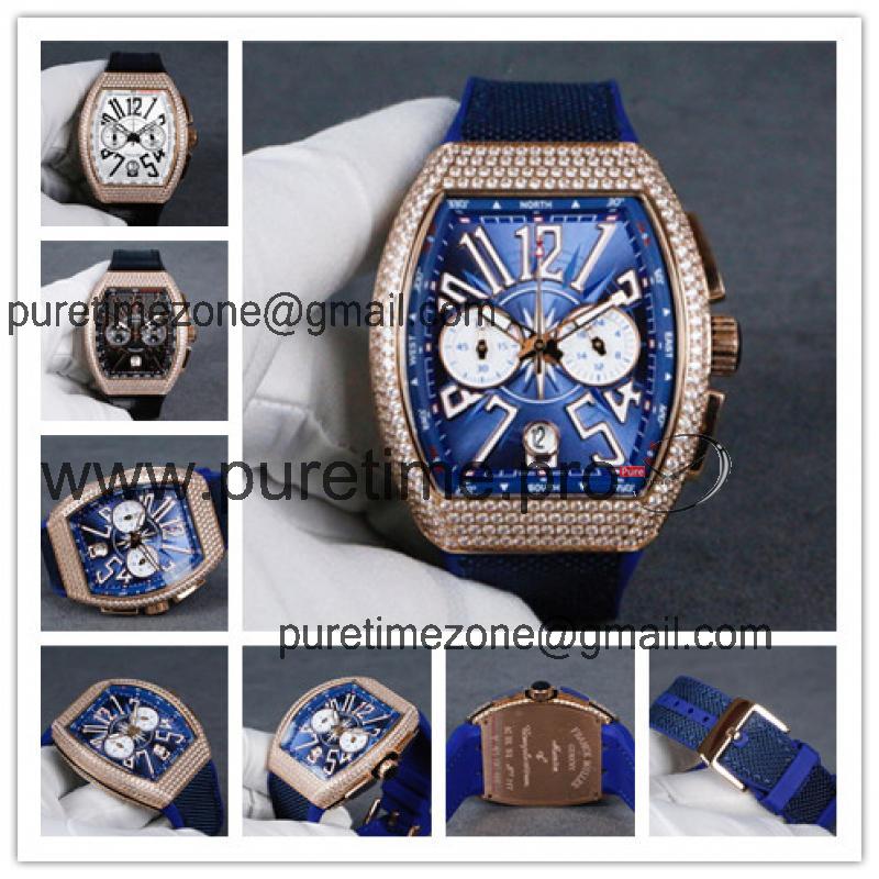 Replica Vanguard Japan VK Quartz Chronograph Movement Mens Watch Blue Dial Diamonds Case Leather Strap B E71