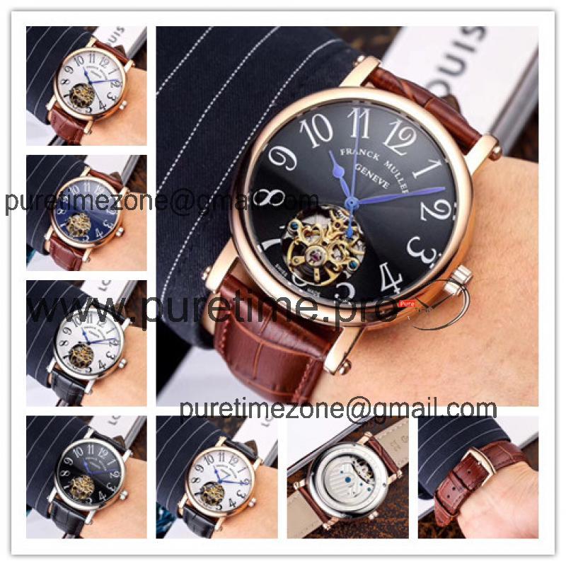 Replica Ronde A21j Automatic Movement Mens Watch Black with Tourbillon​ Dial Leather Strap E76