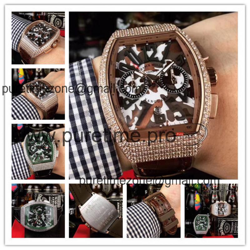 Replica Vanguard Japan VK Quartz Chronograph Movement Mens Watch Brown Dial Diamonds Case Leather Strap E77