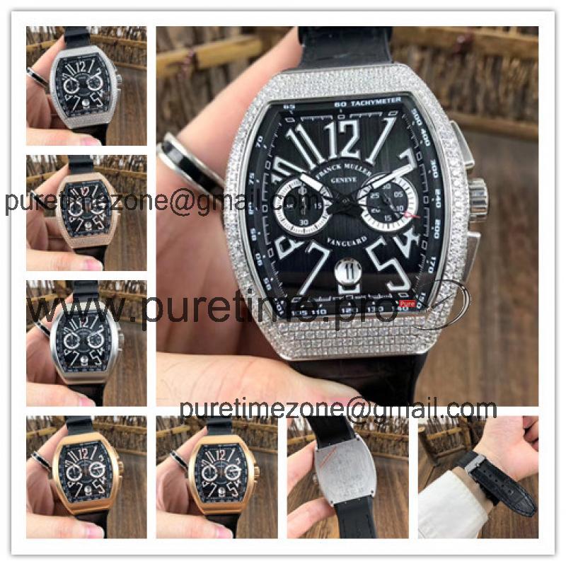 Replica Vanguard Japan Quartz Chronograph Movement Mens Watch Black Dial Diamonds Case Leather Strap E78