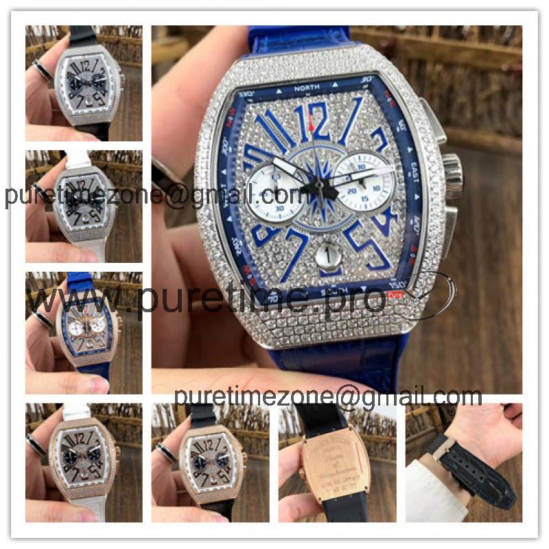 Replica Vanguard Japan Quartz Chronograph Movement Mens Watch Full Diamonds Dial Diamonds Case Leather Strap E79