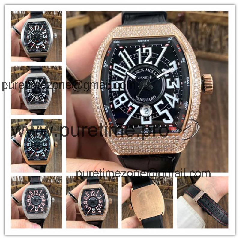 Replica Vanguard Japan Miyota 8215 Automatic Movement Mens Watch Black Dial Diamonds Case Leather Strap E80