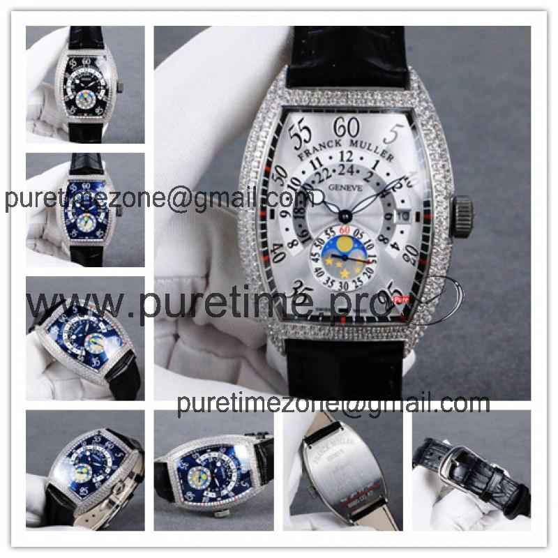 Replica Vanguard A21j Automatic Movement Mens Watch Silver Dial Diamonds Case Leather Strap B E82