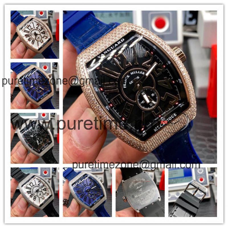 Replica Vanguard A21j Automatic Movement Mens Watch Black Dial Diamonds Case Leather Strap E88