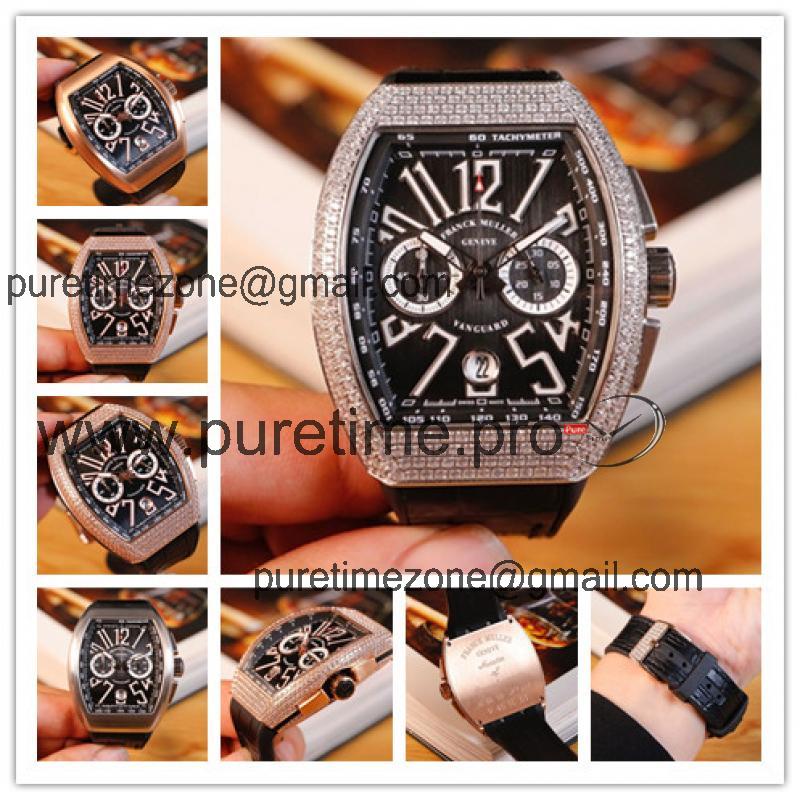 Replica Vanguard Japan Quartz Chronograph Movement Mens Watch Black Dial Diamonds Case Leather Strap E96