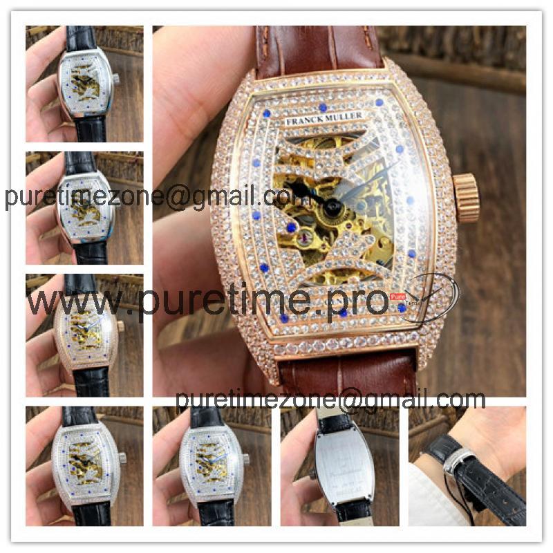 Replica Vanguard A21j Automatic Movement Mens Watch Diamonds Skeleton Dial Full Diamonds Case Leather Strap E97