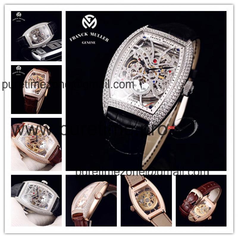 Replica Vanguard A21j Automatic Movement Mens Watch Skeleton Dial Full Diamonds Case Leather Strap E103