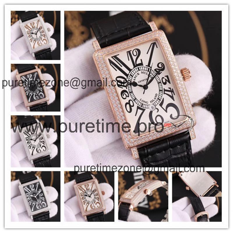 Replica Long Island Swiss Quartz Movement Womens Watch White Dial Full Diamonds Case Leather Strap E104