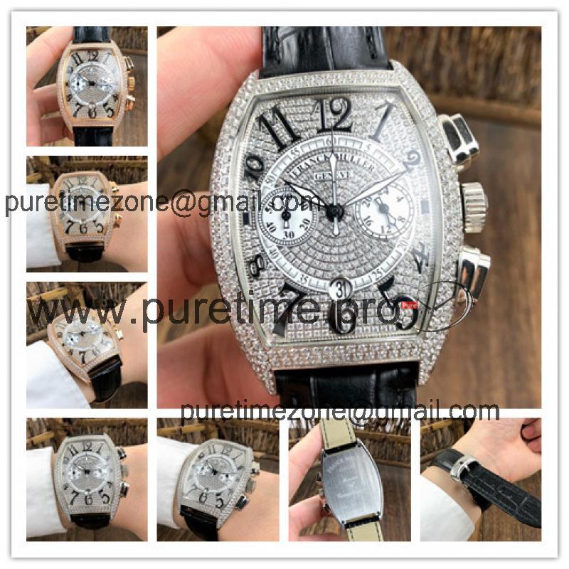 Replica Collection Japan VK Quartz Chronograph Mens Watch Full Diamonds Dial Full Diamonds Case Leather Strap E125